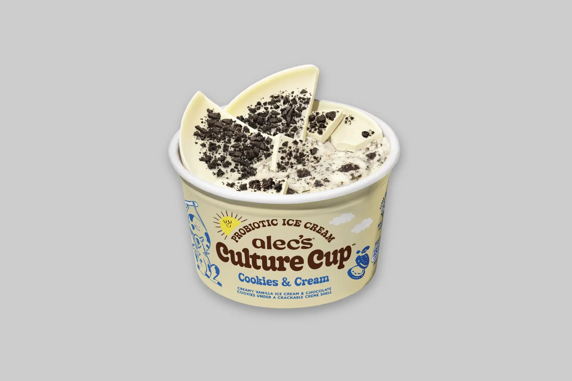 Alec's Ice Cream Culture Cup Cookies & Cream 4-pack box, showing individual cups with a crackable white creme shell and chocolate cookie pieces visible through the packaging. - Product Review