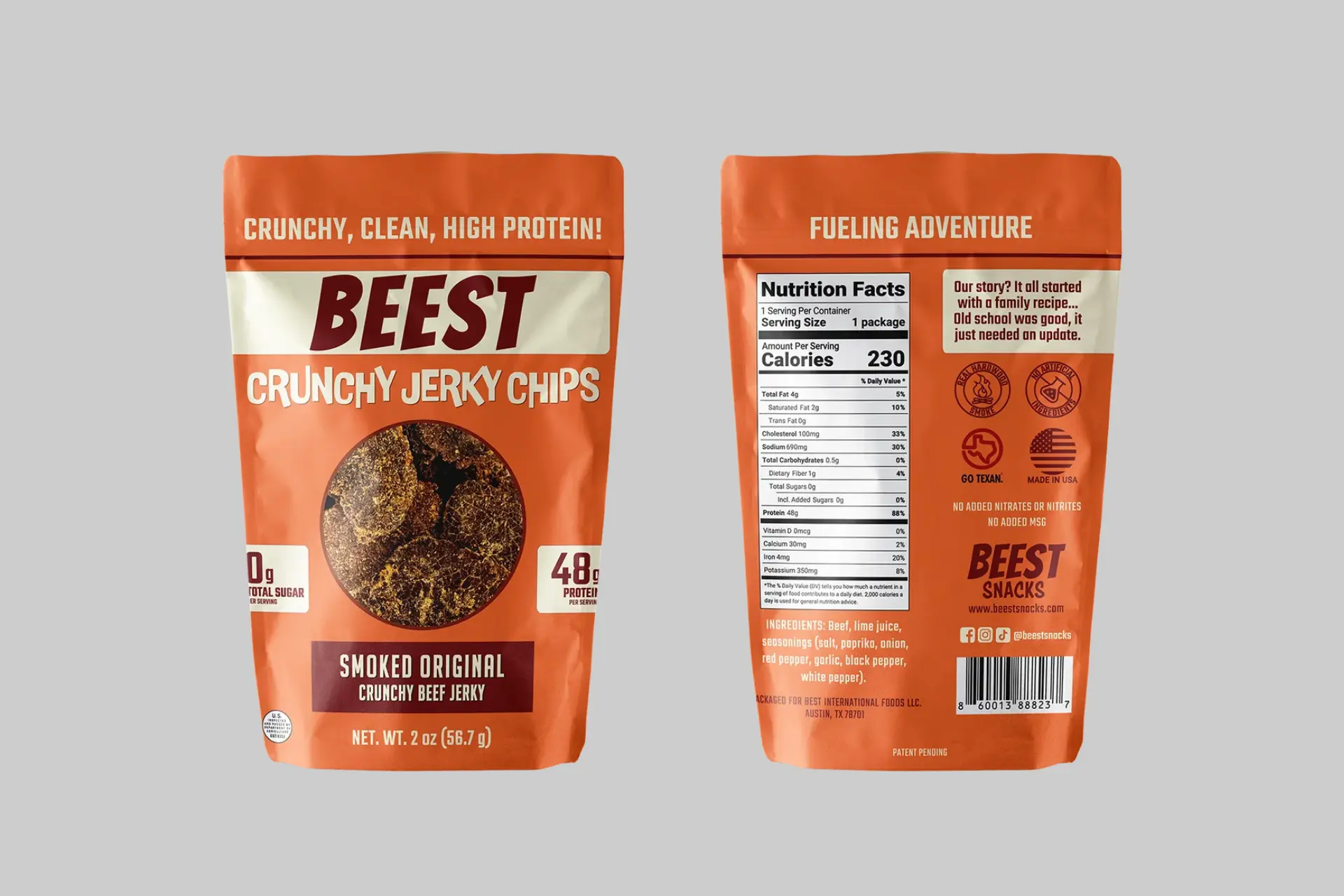 A bag of BEEST Snacks Crunchy Jerky 'The OG Beef' with several crunchy jerky pieces artfully arranged around it. - Product Review