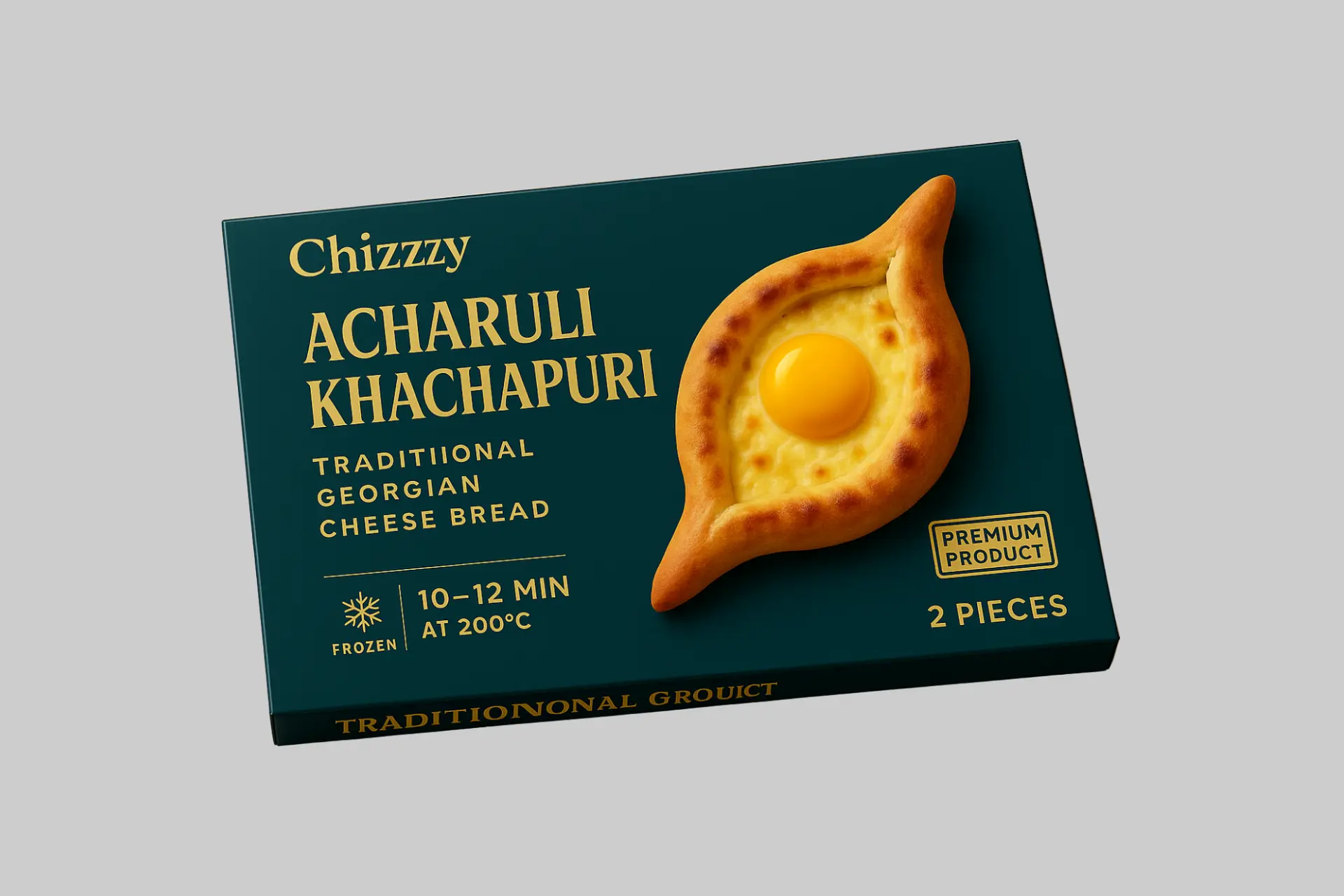 A Chizzzy Acharuli Khachapuri Kit unboxed, showing a golden brown, boat-shaped cheese bread with a runny egg and melting butter. - Product Review