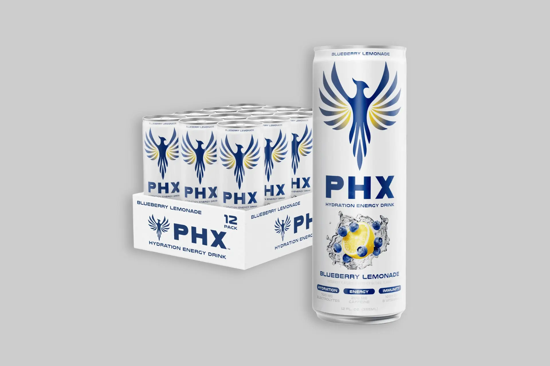 A sleek can of PHX Blueberry Lemonade Hydration Energy Drink, highlighting its vibrant color and refreshing appeal. - Product Review