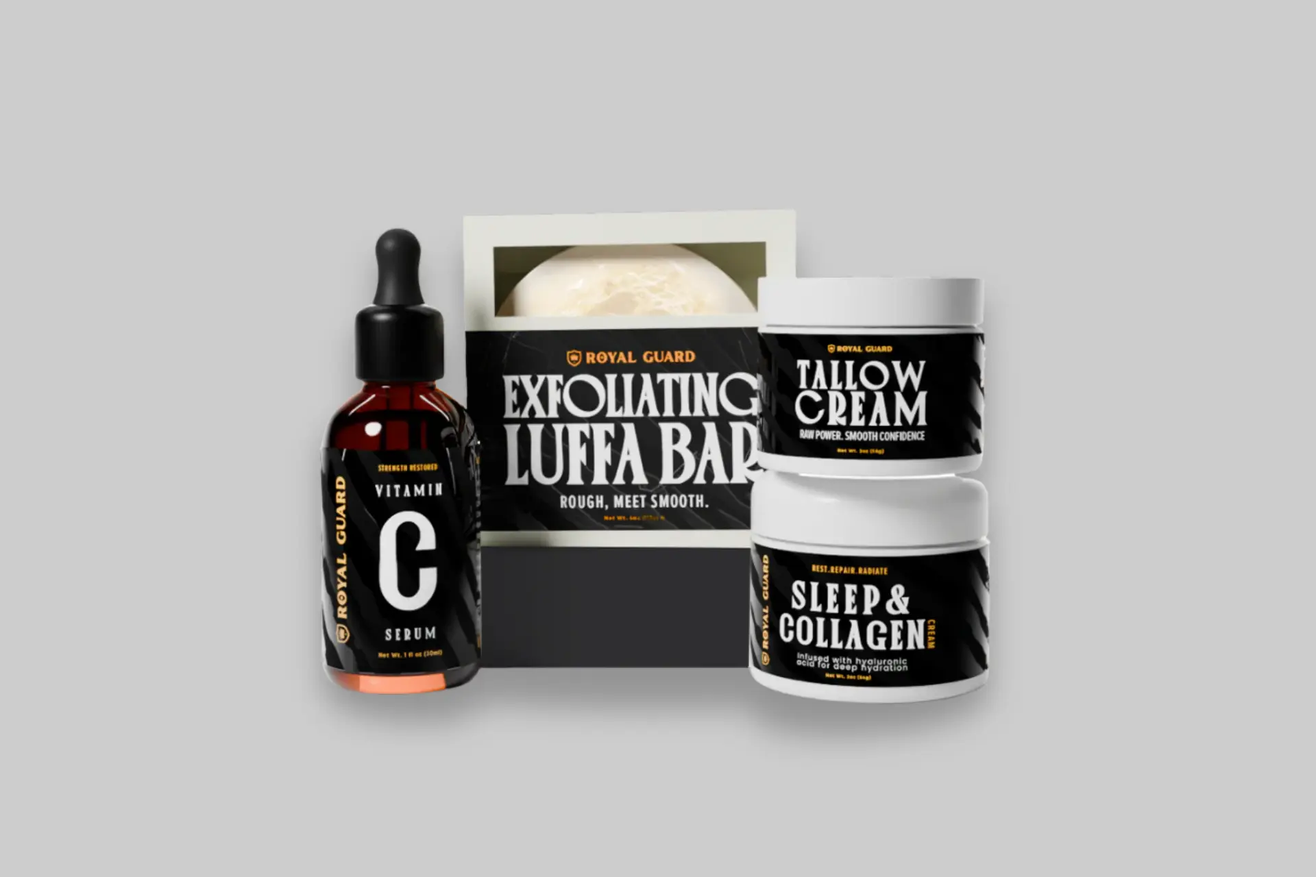 A curated collection of Royal Guard Co. King Pack products, including tallow cream, luffa bar, vitamin C serum, and collagen cream. - Product Review