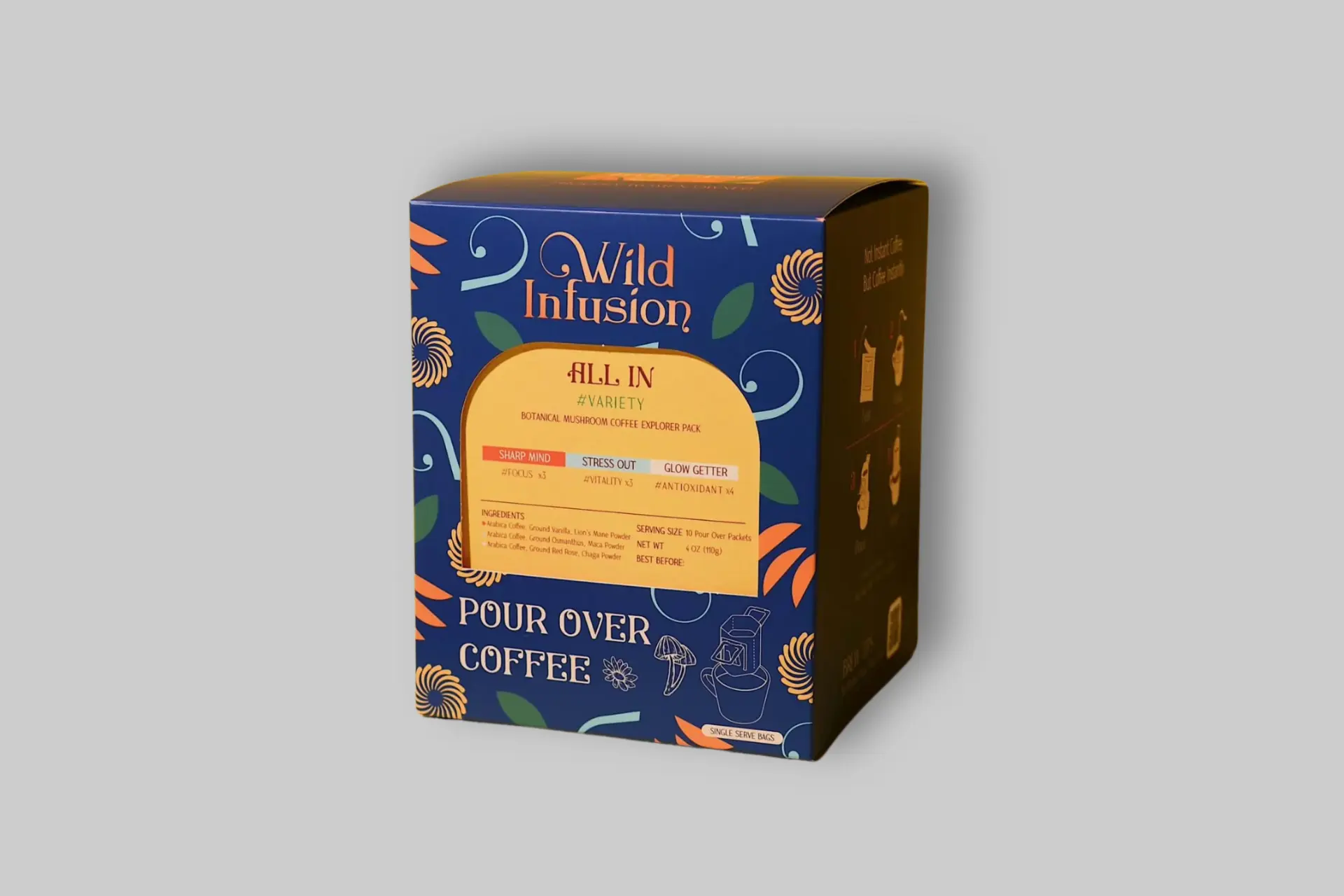 Wild Infusion Coffee Variety Pack with 'Sharp Mind', 'Stress Out', and 'Glow Getter' single-serve pour-over packets. - Product Review